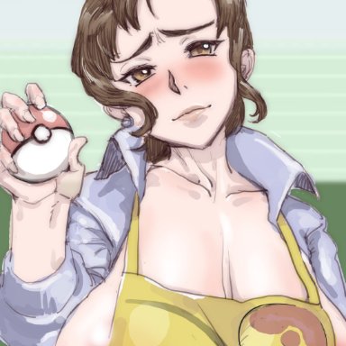 game freak, pokemon, pokemon sv, mother (pokemon sv), 1girls, apron, apron only, areolae, big breasts, blush, breasts, brown eyes, brown hair, cleavage, condom