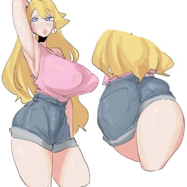 mario (series), nintendo, princess peach, leebongchun, 1girls, armpits, ass, big ass, big breasts, big lips, blonde hair, blue eyes, blue shorts, bottomwear, breasts