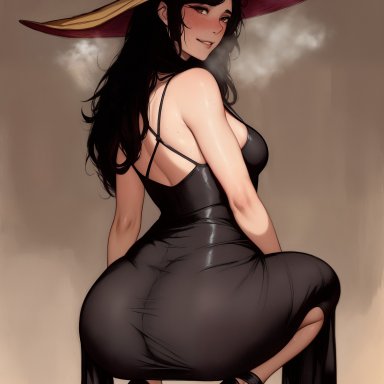 original, nai diffusion, stable diffusion, 1girls, big ass, big breasts, black hair, bubble butt, female, female only, long hair, looking at viewer, looking back, solo, witch hat