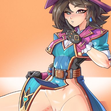 overwatch, overwatch 2, kiriko (overwatch), witch kiriko (overwatch), minicop2001, 1girls, belt, blush, brown eyes, clothes lift, earrings, finger to mouth, gloves, heart, jewelry