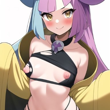 nintendo, pokemon, pokemon sv, iono (pokemon), nai diffusion, stable diffusion, 1girls, areolae, belly button, blue hair, blush, breasts, female, jacket, looking at viewer