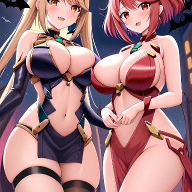 halloween, nintendo, xenoblade (series), xenoblade chronicles 2, mythra, pyra, nai diffusion, stable diffusion, 2girls, bangs, blonde hair, blush, breasts, cosplay, fangs