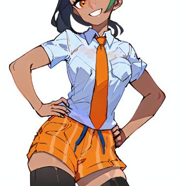 nintendo, pokemon, pokemon sv, nemona (pokemon), 1girls, clothing, dark-skinned female, dark skin, female, female only, freckles, fully clothed, green hair, hands on hips, necktie