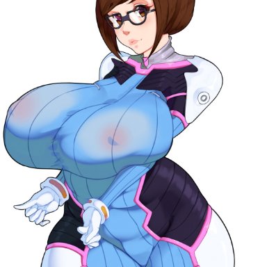 overwatch, d.va, d.va (cosplay), mei (overwatch), 47 hard, 1girls, areolae, areolae visible through clothing, big breasts, bodysuit, breasts, brown eyes, brown hair, chubby, chubby female