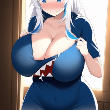 hololive, hololive english, gawr gura, nai diffusion, stable diffusion, 1girls, alternate breast size, bangs, blue eyes, blue hair, blush, breasts, cleavage, collarbone, curvy