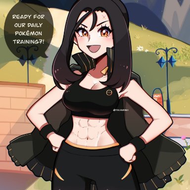 pokemon, pokemon sv, dendra (pokemon), touyarokii, 1girls, abs, black hair, cleavage, female, female only, talking to viewer, 2022, tagme