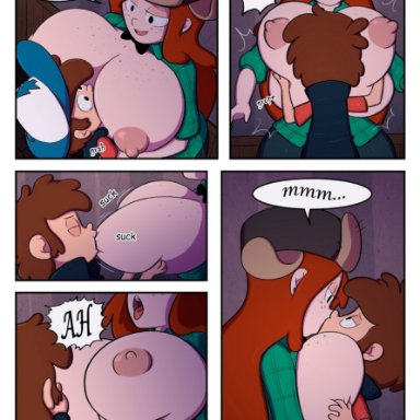 gravity falls, dipper pines, wendy corduroy, garabatoz, 1boy, 1girls, age difference, big breasts, breast sucking, kissing, red hair