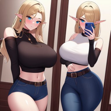 nai diffusion, stable diffusion, 2girls, bare shoulders, belly button, belt, big breasts, black shirt, black sleeves, blonde hair, blue eyes, blush, breasts, collar, denim