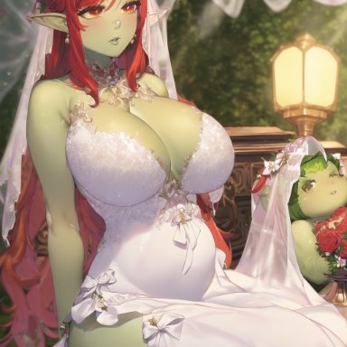 nai diffusion, stable diffusion, 1girls, big breasts, bridal veil, bride, cleavage, early pregnancy, earrings, female, female focus, flower crown, flower in hair, green-skinned female, green skin