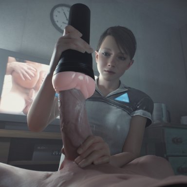 detroit: become human, kara (detroit: become human), leeterr, 1boy, 1girl1boy, 1girls, android, artificial vagina, blue eyes, breasts, brown hair, clothed, clothed female, clothed female nude male, female