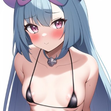 nintendo, pokemon, pokemon sv, iono (pokemon), nai diffusion, stable diffusion, 1girls, bikini, blue hair, blush, breasts, female, looking at viewer, micro bikini, multicolored hair