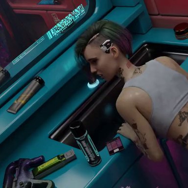 cd projekt red, cyberpunk 2077, judy alvarez, delalicious3, evilaudio, yoatasy, 1boy, 1girls, ass, female, from behind, from behind position, medium breasts, medium hair, short hair