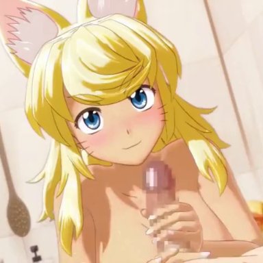 renkin san-kyuu magical pokaan, liru, myu ranran, animal ears, bath, blonde hair, blue eyes, cum, cum in mouth, dark skin, fellatio, oral, penis, rubber duck, wolf ears