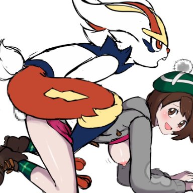 pokemon, cinderace, gloria (pokemon), nivi, breasts, breasts out, brown eyes, brown hair, clothed, clothed sex, clothing, doggy style, female on feral, feral, feral on female