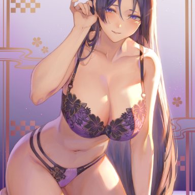 fate/grand order, fate (series), minamoto no raikou (fate), mashu 003, 1girls, arm support, bangs, barefoot, bed, bedroom, belly, belly button, big breasts, blush, blush lines