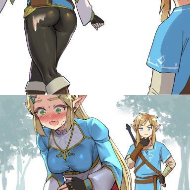 breath of the wild, nintendo, the legend of zelda, link, princess zelda, zelda (breath of the wild), monbetsu kuniharu, 1girls, ass, big ass, big breasts, big butt, blonde hair, blue sky, boots