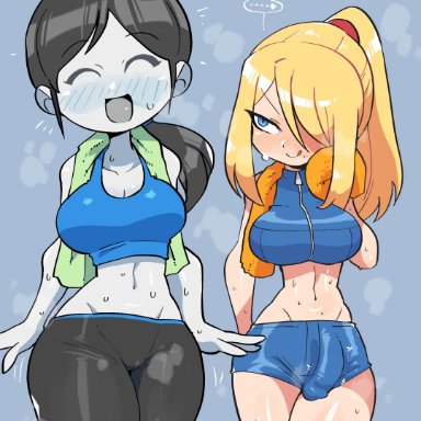 metroid, nintendo, super smash bros., wii fit, samus aran, wii fit trainer, crap-man, ..., 1futa, 1girls, abs, after workout, big breasts, big hips, black hair