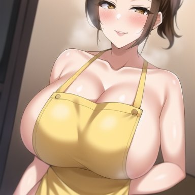nintendo, pokemon, pokemon sv, mother (pokemon sv), nai diffusion, stable diffusion, 1girls, apron, breasts, brown eyes, brown hair, cleavage, female, huge breasts, indoors