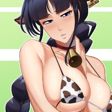 bleach, kurotsuchi nemu, castell, animal print, animal print bikini, arm between breasts, big breasts, bikini, bikini top, black hair, blunt bangs, braid, braided ponytail, breasts, bust