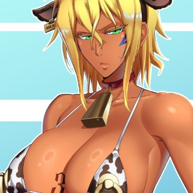 bleach, tia harribel, castell, animal print, animal print bikini, armpits, big breasts, bikini, bikini top, breast tattoo, breasts, bust, busty, cow ears, cow horns