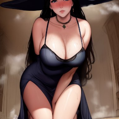 original, nai diffusion, stable diffusion, 1girls, big breasts, black hair, bulging breasts, curvy figure, female, female only, long hair, looking at viewer, solo, witch hat, ai generated