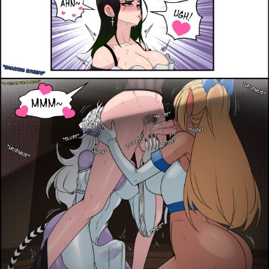 dungeons and dragons, atelier sol aer, xenxia, 1girls, 2futas, antler grab, ball fondling, ball grab, big breasts, big penis, black hair, blonde hair, blowjob, blue plate special, bottomless