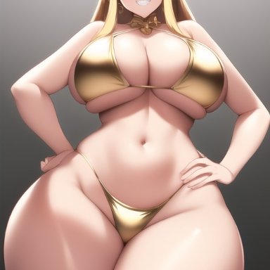 the legend of zelda, princess zelda, nai diffusion, stable diffusion, bikini, blonde hair, blue eyes, gold bikini, hand on hip, huge ass, huge breasts, hyper thighs, latex, looking at viewer, massive thighs