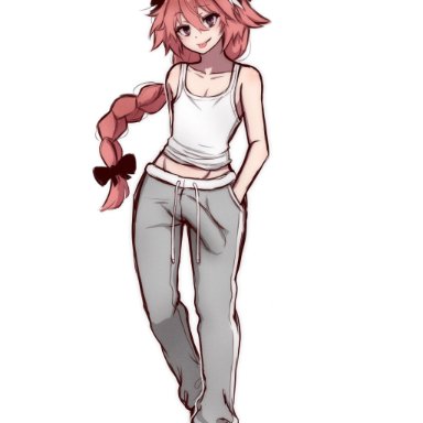 fate/apocrypha, fate (series), astolfo (fate), naoillus, 1boy, ahoge, bow, braid, bulge, bulge through clothing, erection under clothes, femboy, grey pants, looking at viewer, male only