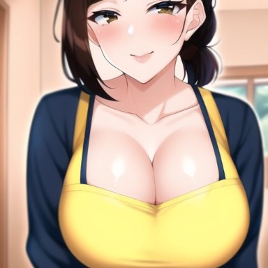 nintendo, pokemon, pokemon sv, mother (pokemon sv), nai diffusion, stable diffusion, 1girls, apron, breasts, brown eyes, brown hair, cleavage, female, huge breasts, indoors