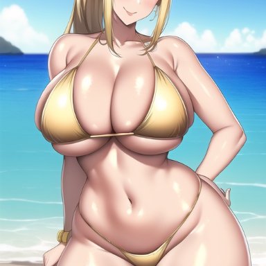 metroid, samus aran, nai diffusion, stable diffusion, beach, bikini, blonde hair, blue eyes, gigantic breasts, gold bikini, hand on hip, huge breasts, ponytail, seductive smile, shiny hair