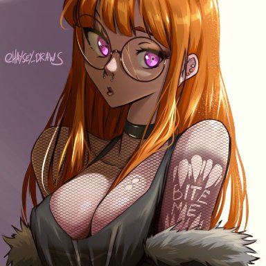 persona, persona 5, sakura futaba, haysey draws, 1girls, alternate breast size, bangs, choker, cleavage, earrings, fishnet shirt, fishnets, fully clothed, glasses, goth