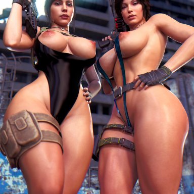 call of duty, tomb raider, tomb raider reboot, lara croft, mara (cod), milapone, 2girls, ass, belt, big ass, big breasts, bikini, breast, exposed breasts, gun