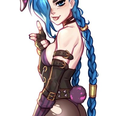 arcane, league of legends, jinx (league of legends), blushypixy, blushyspicy, 1girl, 1girls, bare back, bare shoulders, blue eyes, blue hair, bunny ears, bunny girl, bunny tail, bunnysuit