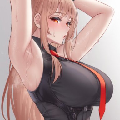 goddess of victory: nikke, rapi (nikke), whitter, whitterart, armpit, armpit fetish, armpit focus, armpits, arms behind back, arms behind head, big breasts, blush, breasts, brown hair, gradient eyes