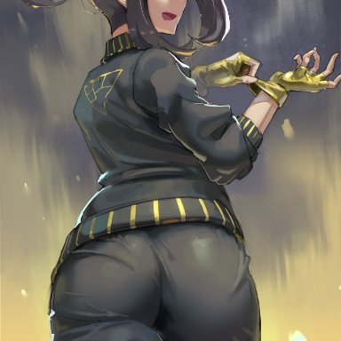 game freak, nintendo, pokemon, pokemon sv, dendra (pokemon), kazo, 1girls, ass, black hair, breasts, bubble ass, bubble butt, coach, dat ass, female