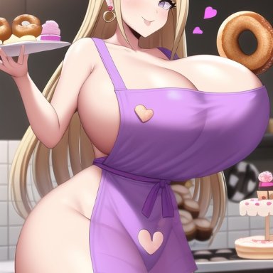 danganronpa, new danganronpa v3, akamatsu kaede, nai diffusion, stable diffusion, bad hands, baking, cooking, happy, heart, huge breasts, large breasts, naked apron, teasing, thick thighs