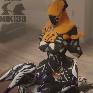 warframe, valkyr (warframe), wisp (warframe), niki3d, 1futa, 1girls, alien, alien girl, athletic female, athletic futanari, bouncing breasts, breasts, female, futanari, hands on breasts