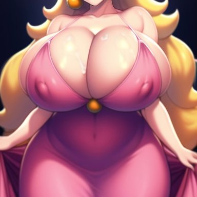 mario (series), nintendo, princess peach, nai diffusion, stable diffusion, 1girls, big breasts, big lips, big nipples, big thighs, blonde hair, blue eyes, breasts, cleavage, clothed