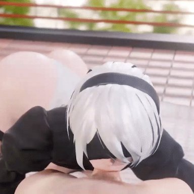 nier, nier: automata, yorha 2b, denisem, all fours, ass, black high heel boots, black legwear, black stockings, blindfold, blowjob, deep throat, deepthroat, fellatio, hanging breasts