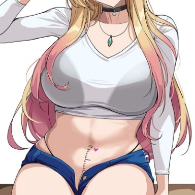 sono bisque doll wa koi wo suru, kitagawa marin, drogod (artist), 1girls, blonde hair, body markings, booty shorts, breasts, female, gyaru, hips, huge breasts, light-skinned female, light skin, long hair