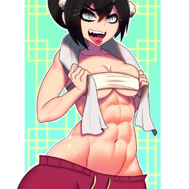 avatar the last airbender, toph bei fong, dogiflan, 1girls, :p, abs, after workout, asian female, athletic female, bare shoulders, black hair, blind, blind eye, blue eyes, breast squish