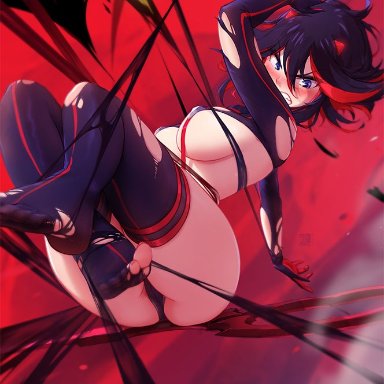 kill la kill, matoi ryuuko, senketsu, mitsu art, 1girls, ass, bangs, black gloves, black hair, black thighhighs, blue eyes, blush, breasts, clenched teeth, crossed ankles