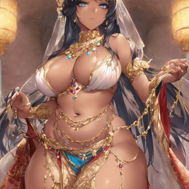 original, nai diffusion, stable diffusion, 1girls, belly dancer, belly dancer outfit, big breasts, black hair, blue eyes, child bearing hips, cleavage, curvy figure, egyptian female, female, female only