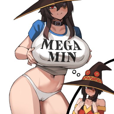 megumin, donburikazoku, 1girls, aged up, alternate body type, alternate breast size, breasts, brown hair, daydreaming, eyepatch, female, hat, hips, huge breasts, large breasts