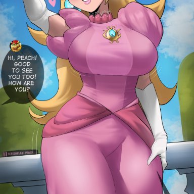 mario (series), nintendo, super mario bros., bowser, princess peach, echosaber, 1girls, blonde hair, blue eyes, breasts, clothed, dress, female, fully clothed, huge breasts