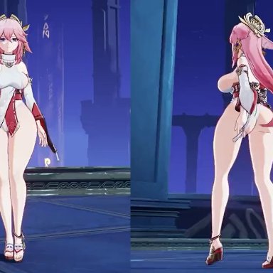 genshin impact, yae miko, skexce, ass, big ass, big breasts, bouncing breasts, breasts, pink hair, purple eyes, thick thighs, thighs, walk cycle, walking, wide hips