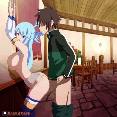 aqua (konosuba), kami otaku, against wall, armpits, arms behind back, ass, ass shake, blue eyes, blue hair, blue high heel boots, bouncing ass, bouncing breasts, cleavage, clothed sex, deep penetration