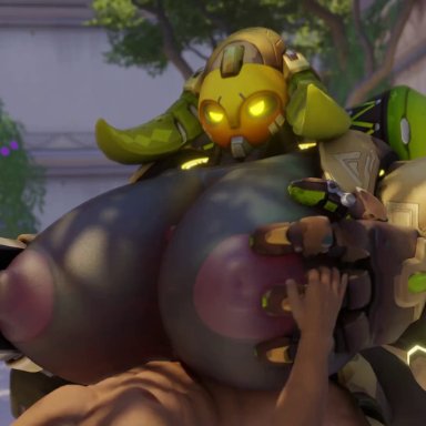 blizzard entertainment, overwatch, omnic, orisa, snips456, snips456fur, 1boy, 1girls, adorable, angry, angry face, areola, big areola, big breasts, big nipples