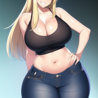 metroid, samus aran, nai diffusion, stable diffusion, black tank top, blonde hair, blue eyes, hand on hip, high waisted pants, huge ass, huge breasts, long hair, looking at viewer, seductive smile, shiny hair