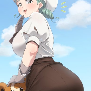 game freak, pokemon, pokemon sv, katy (pokemon), pok&#233;mon (species), teddiursa, ikutomi pizza, 1girls, 1pokemon, ass, big ass, big breasts, bottomwear, breasts, clothing